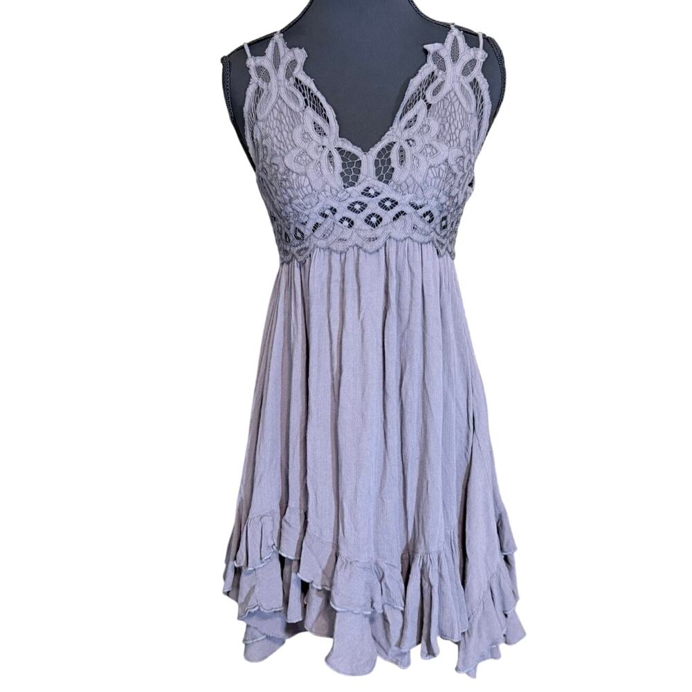 FP One Free People Lace bust Asymmetrical Hem Top Small boho romantic cloud gray